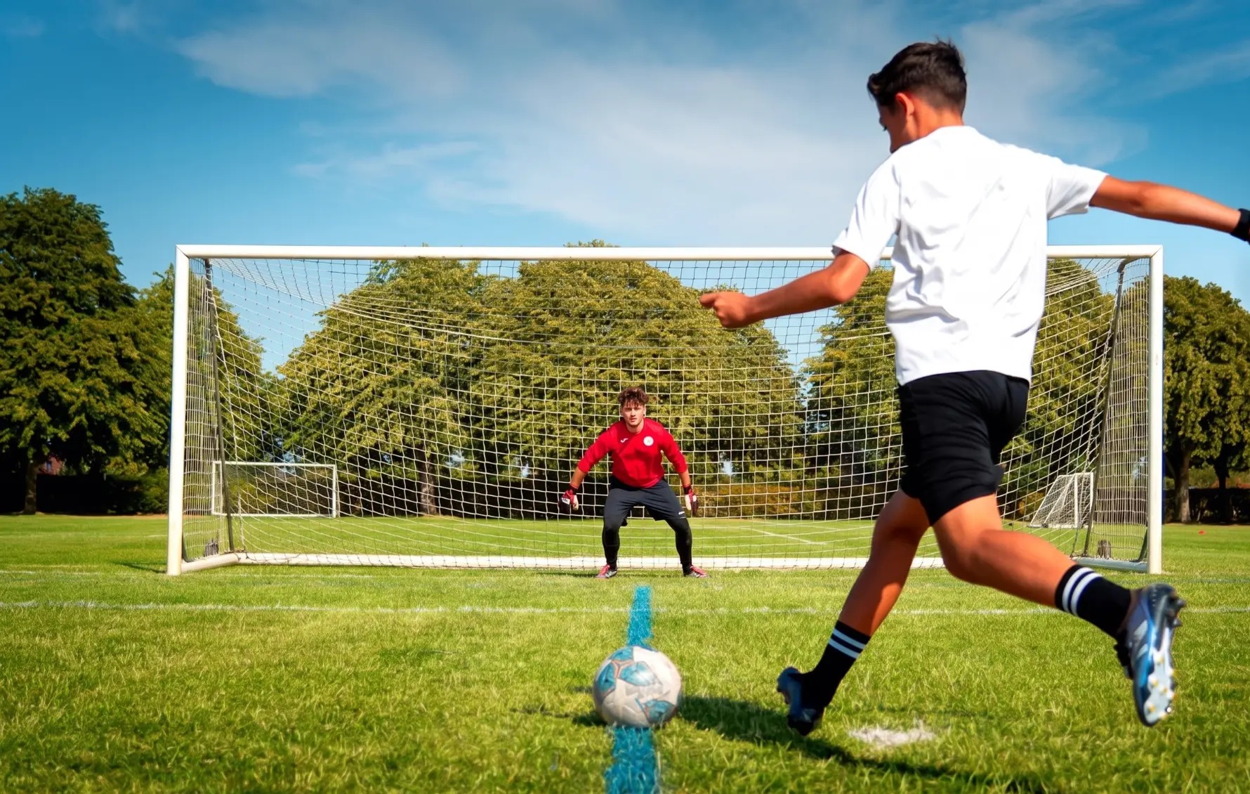 Jugador ejecutando un disparo a portería en Oakham School